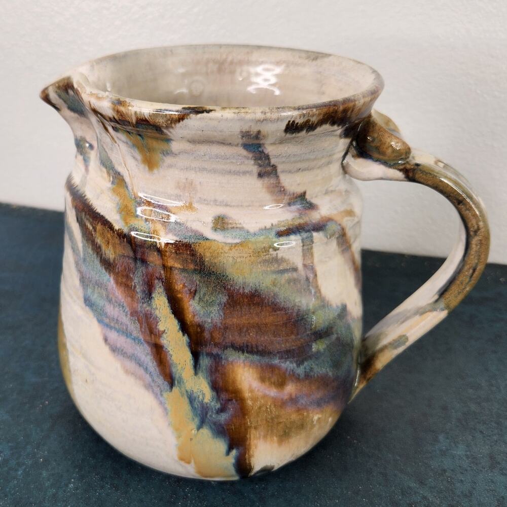 Farmhouse Minimalist Multi-color Stonewear Pitcher Signed Studio Pottery Home